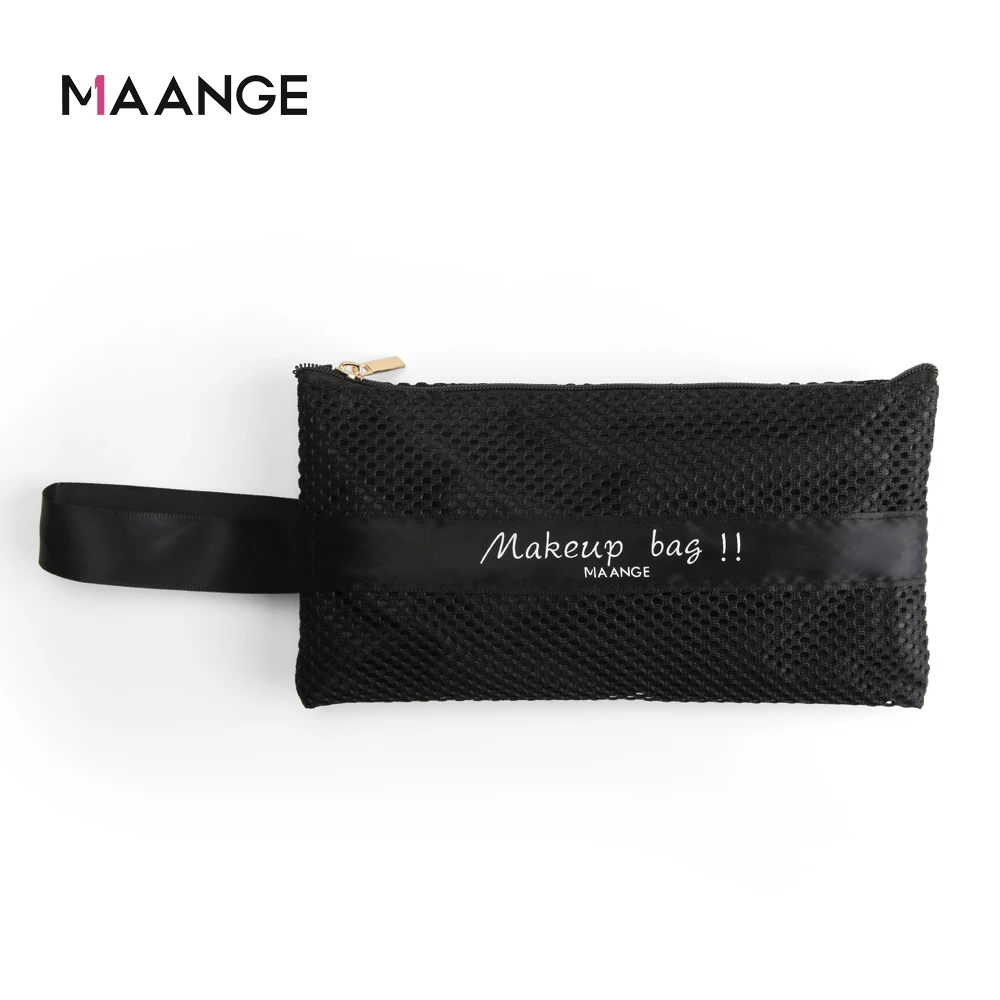 MAANGE Wholesale Custom Logo Portable Makeup Organizer Bags Travel Black Nylon Mesh Zipper Cosmetic Bag