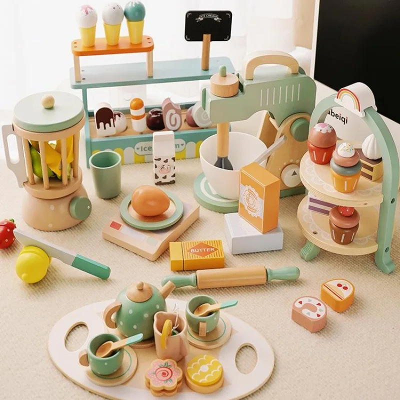 Montessori Cartoon Macaron Children Little Cooking Family Baby Mini Afternoon Tea Food Fruits Dresser Toys For Kids Boys Girls