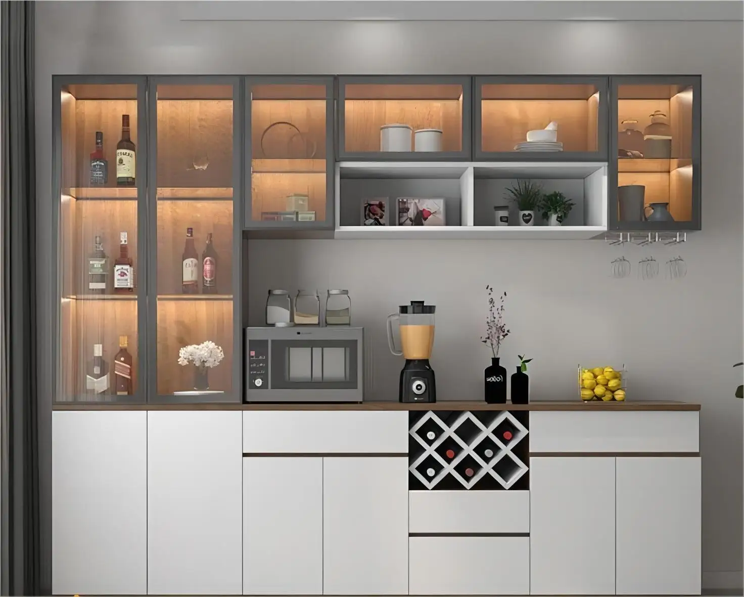 KEJIA Luxury Living Room Furniture Cabinet Modern Wooden Glass Display Rack Wine Cabinet