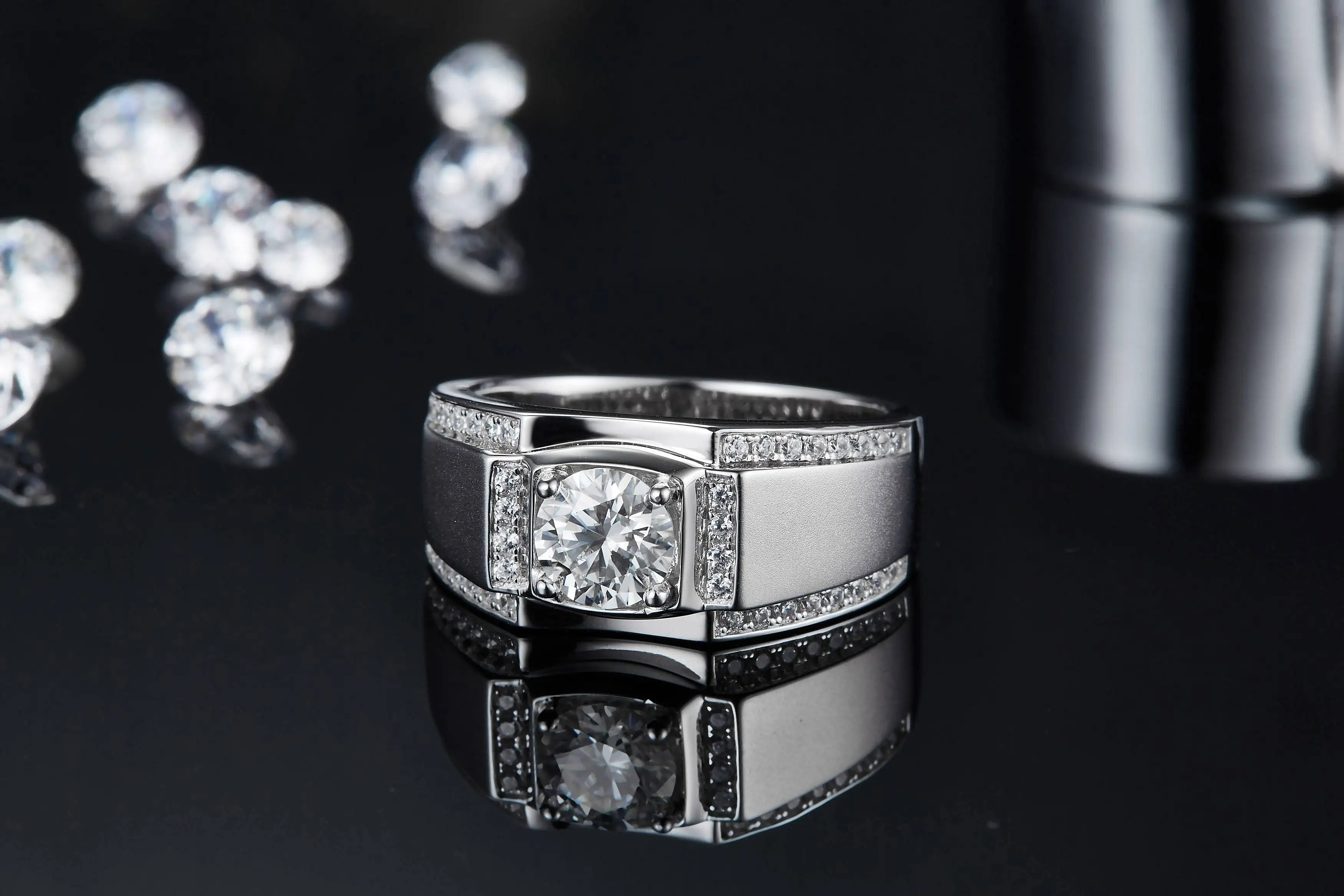 Fine Jewelry Men Silver Rings 1 ct 2 ct Round Cut D VVS1 Moissanite 925 Sterling Silver Ring