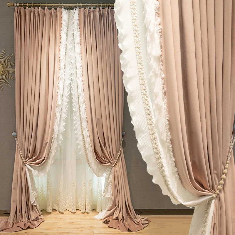 French Rococo light luxury romantic tend curtain cheap thickened shading Green grey velvet embroidered lace curtains for bedroom
