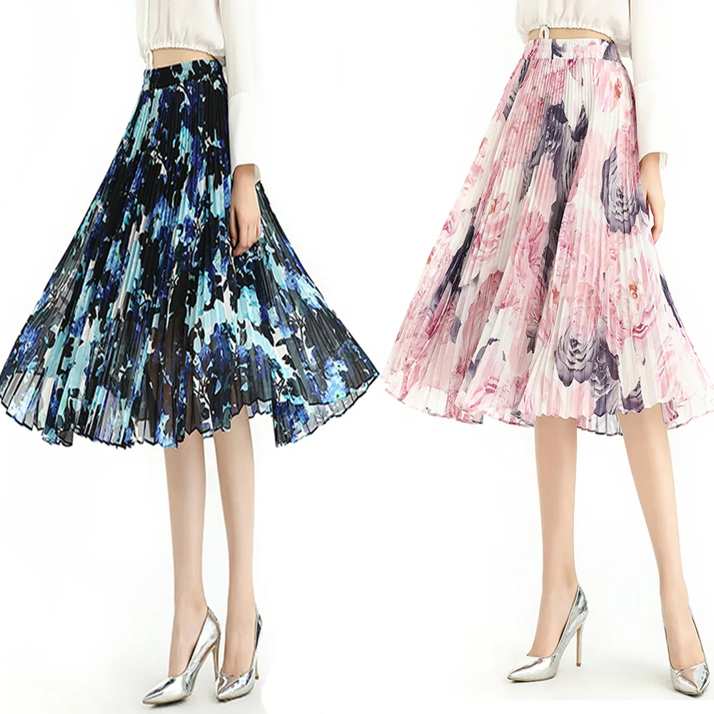 S076A custom low moq odm oem Fall High Quality Fashion New Print Chiffon Sunray Pleat Casual Skirt factory for Girl Women