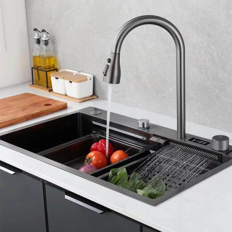 7545 Sanitary Ware Wash Basin Double Bowl Stainless Steel Handmade Kitchen Undermount Sink With Waterfall Faucet