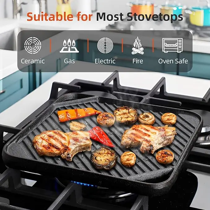 Multifunction 2 in 1 Non-stick Grill Plate Frying Cookware Roasting Pan Square Reversible Cast Iron Griddle Plate