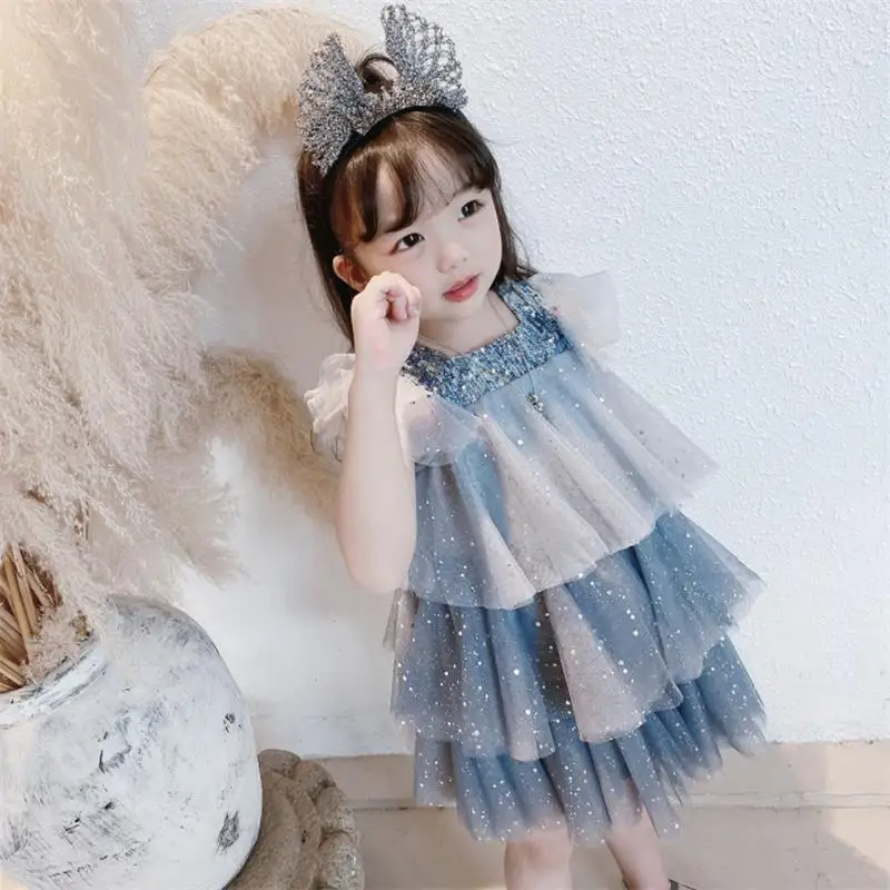 Spot Goods Summer Baby Dress Lace Party Tulle Ruffle Sleeve Star Sequin Cake Dress