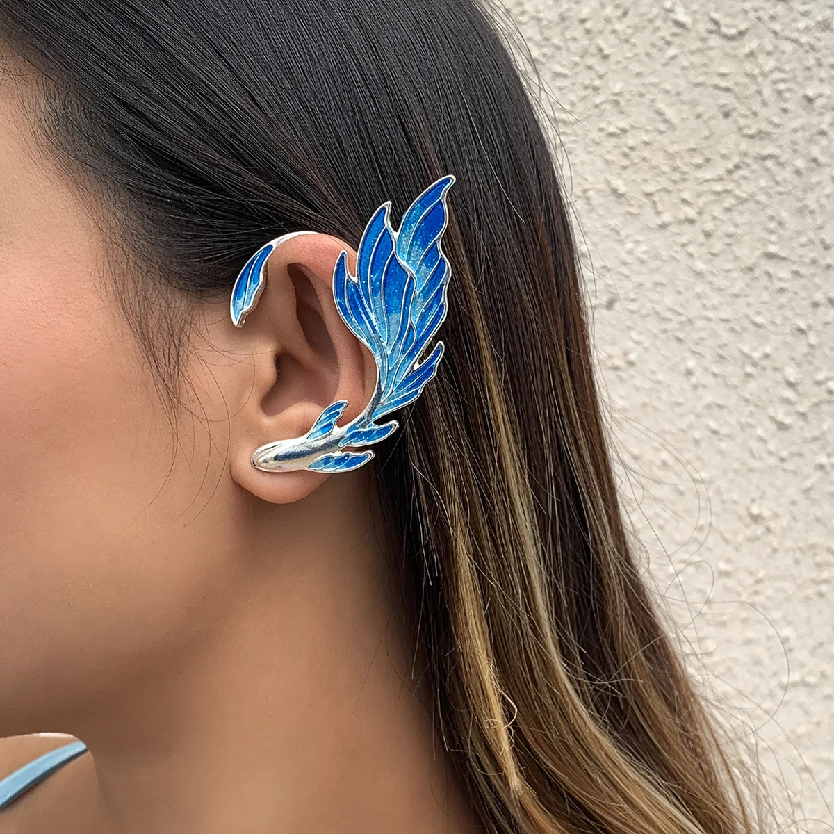 New Fashion Enamel Blue Anime Goldfish Elf Ear Cuff Clip Earring Fairy for Girls Cosplay Jewelry
