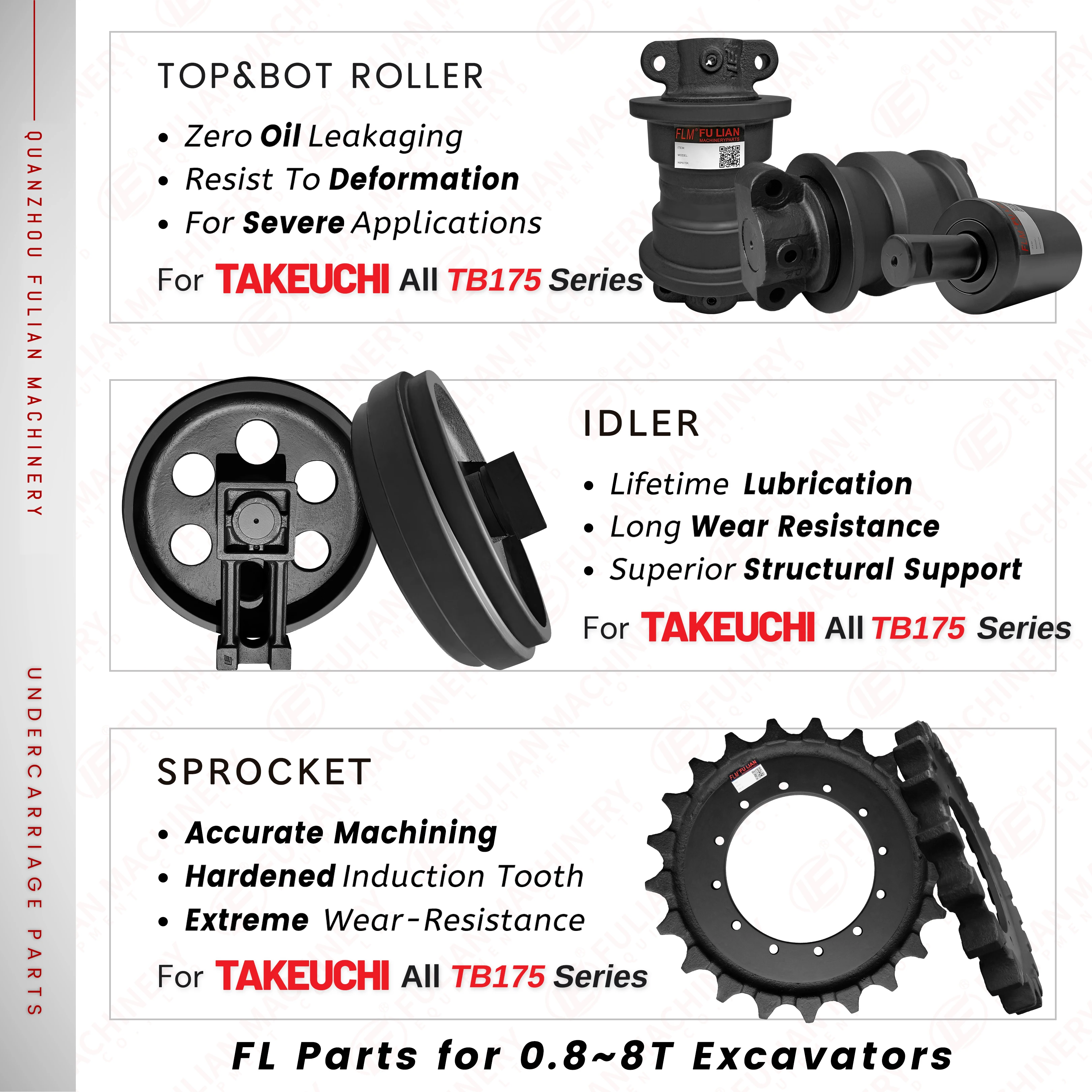 TB175 Series Mini Excavator Undercarriage Rubber Track Chassis Carrier Roller Idler Track Roller Wheel Sprocket for Takeuchi