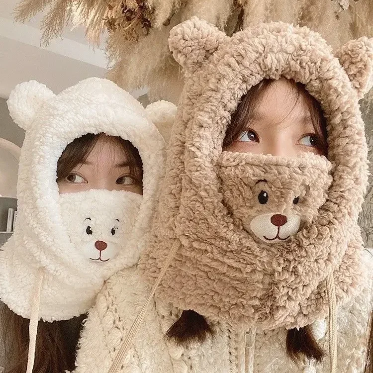 Winter 2 in 1 Scarf Hat Sets With Mask Women Plush Wool Cute Designer Anime Bear Ear Thermal Neck Warm Hat Set