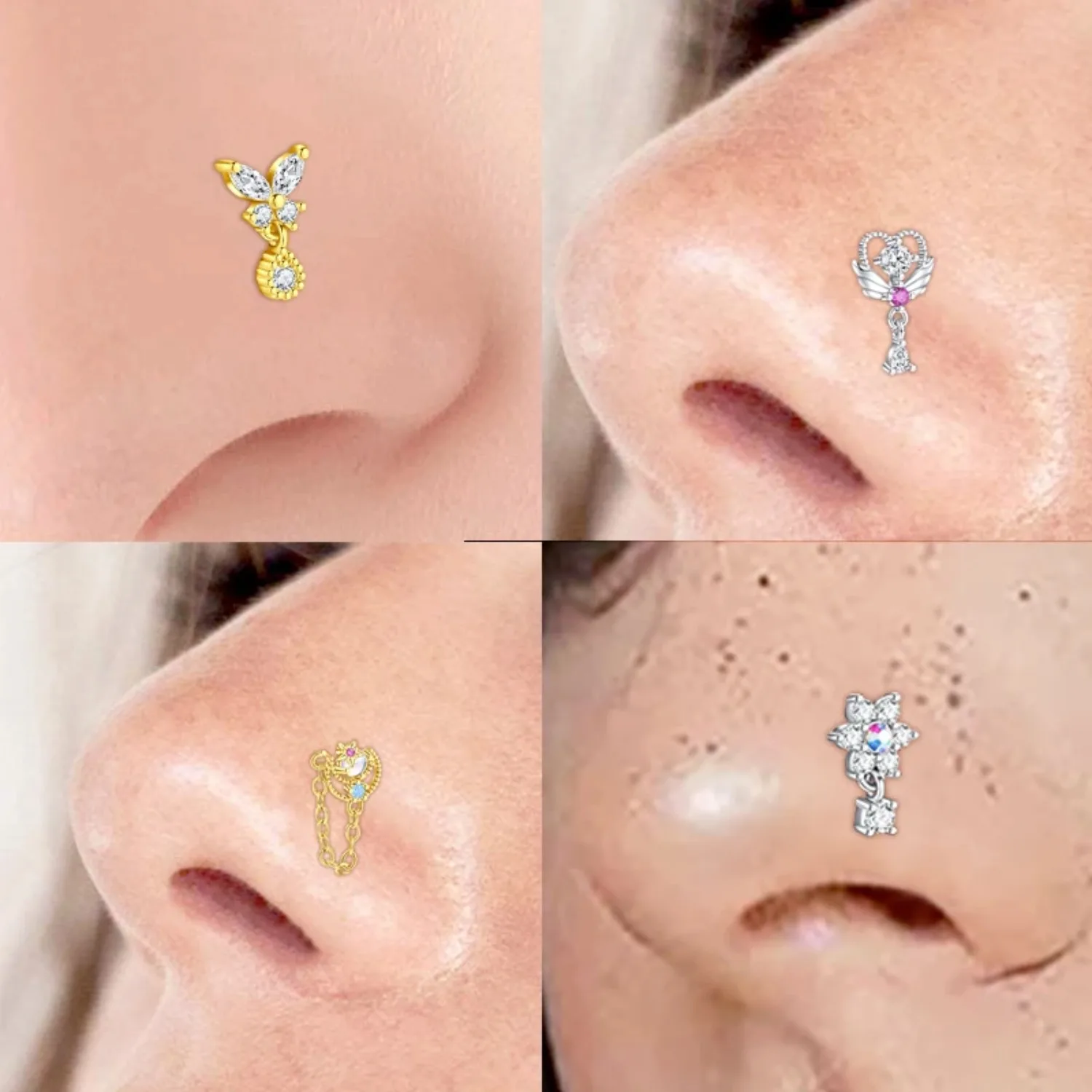 20G 18G Dangle Nose Rings L Shape For Women Men Surgical Steel Dangling Nose Studs CZ Butterfly Flower Heart Nose Piercing