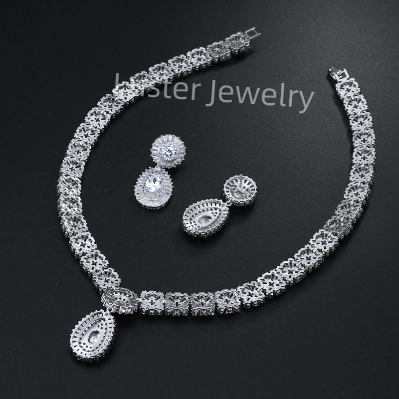 Luster pear pendant earring 100% sterling silver 925 red necklace jewelry set for woman with zircon