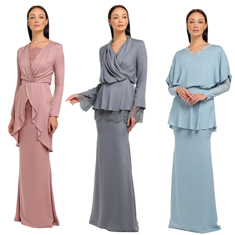 New Style Fashion Baju Kurung Drak Blue Long Sleeves Baju Kebaya Muslim Dress Islamic Clothing
