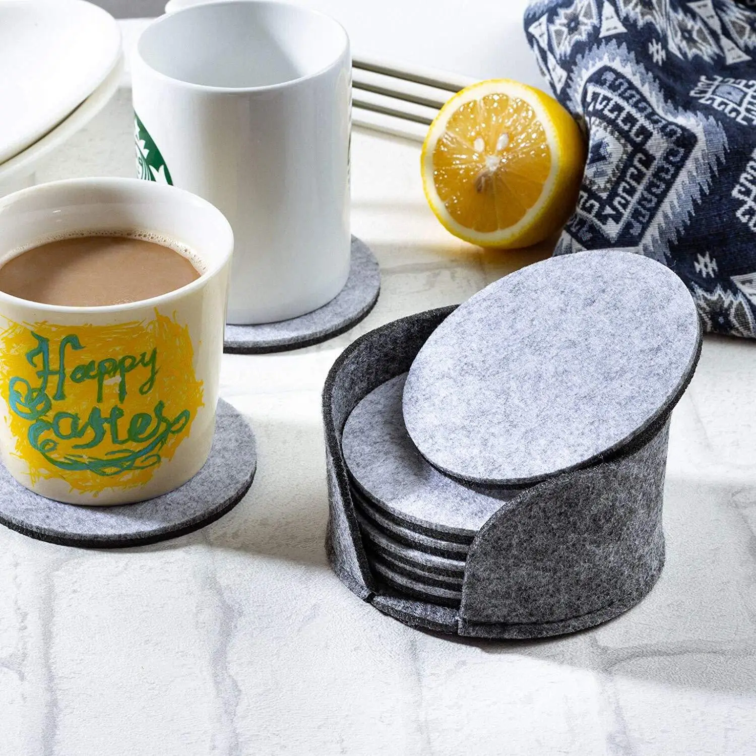 10 Pieces Modern Round Wool Felt Cup Mat Drink Coaster With Holder