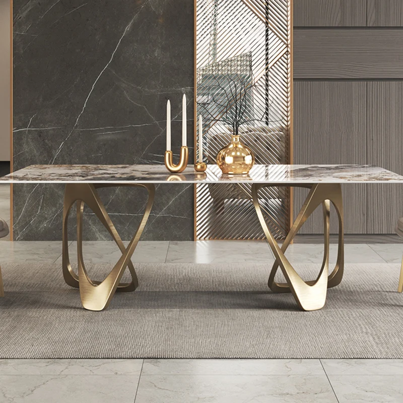 Luxury Modern Design Slab Plate Table Ready Stock Home Family Dinner Table Gold Frame White Slate Top Dining Tables