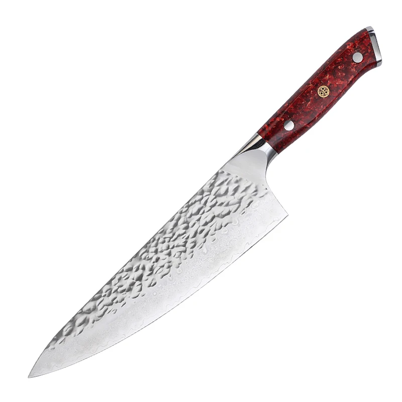 TUOBITUO Factory High Carbon Red Resin Handle Forged VG10 10Cr15CoMoV Stainless Steel Kitchen Damascus Japanese Chef Knife