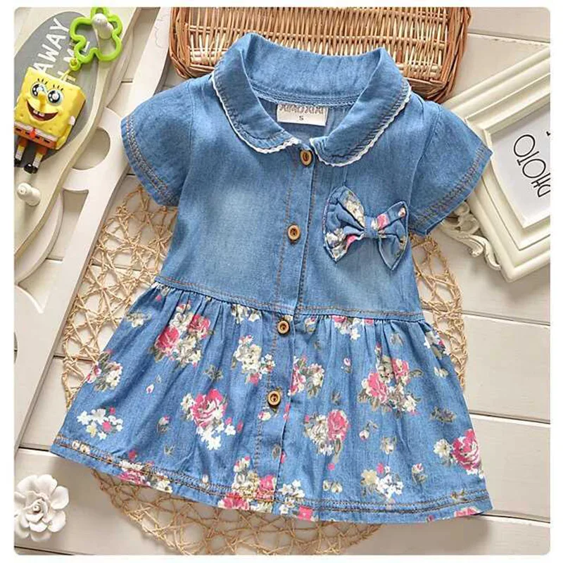 2024 New Fashion Baby girl dress  Toddler Bowknot Short Sleeve Princess Denim Dress