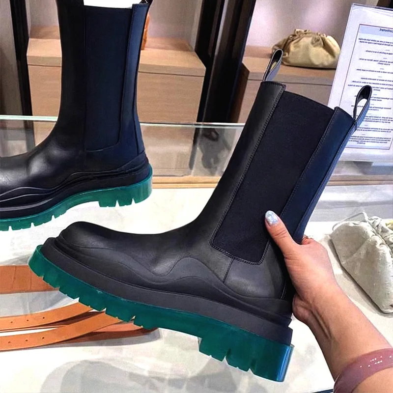 Hot Sell Women Platform Chunky Heel Elastic Tire Ankle Booties Colorblock Chelsea Boots Anti-Slip Flat Round Toe Mid Calf Boots