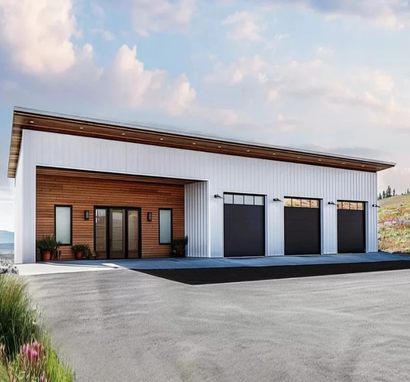 Single Story 2 bedroom Barndominium House Homes with 3 Car Garage and Workshop Prefab Steel buildings 90 SQM