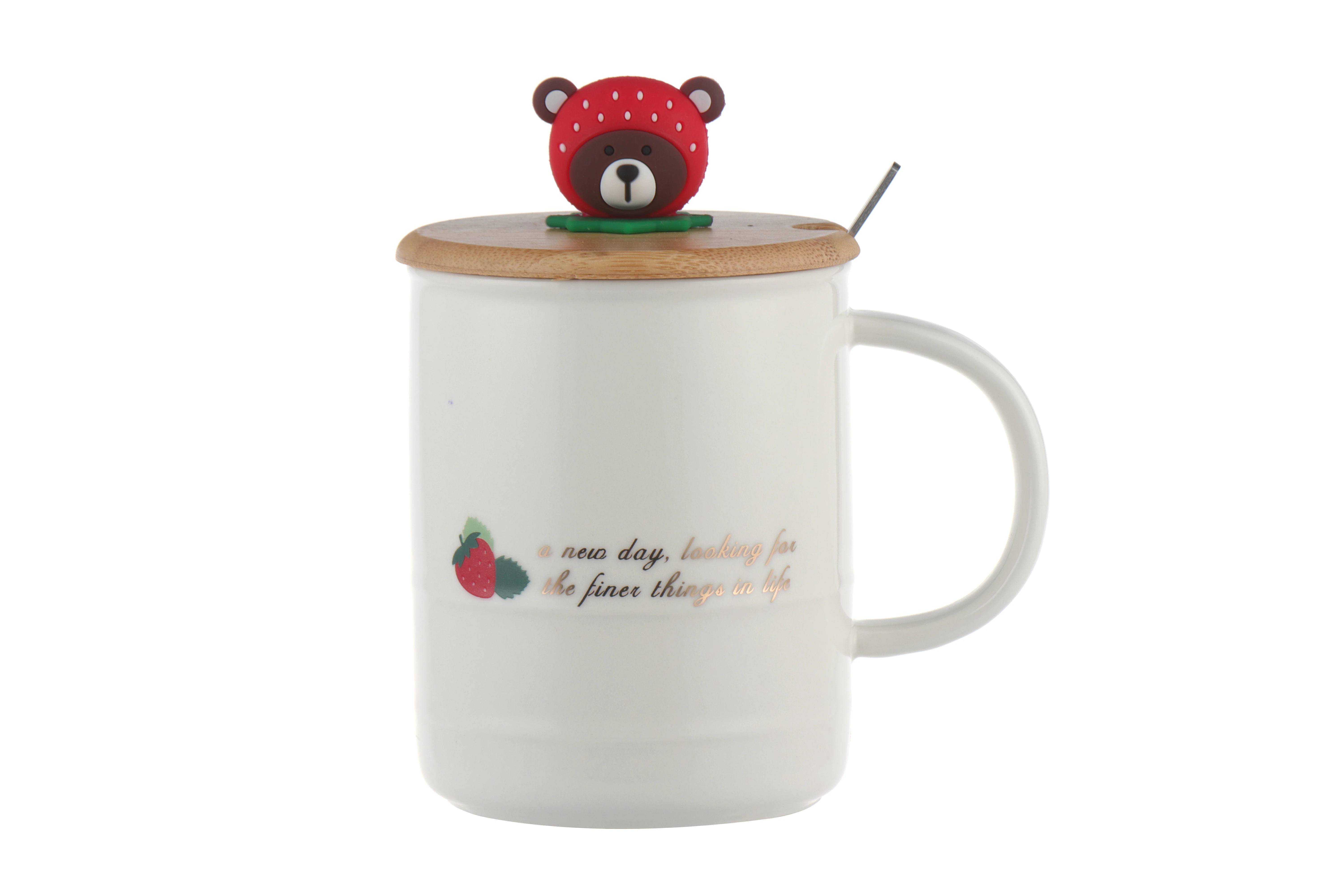 New Design Pink Strawberry Tall Glazed 500ml Pink Ceramic Coffee Cup and Mug for Drinking with Lid and Spoon Ceramic Coffee Mugs