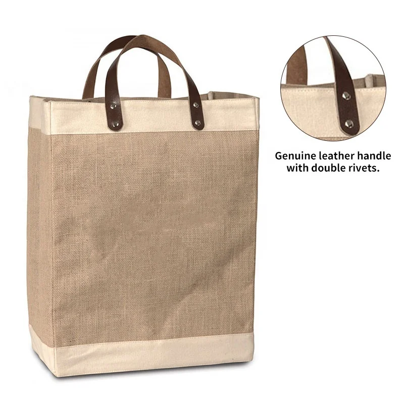 Custom Printed Eco Organic Reusable Large Shopping Tote Burlap Jute Bag With Leather Handles