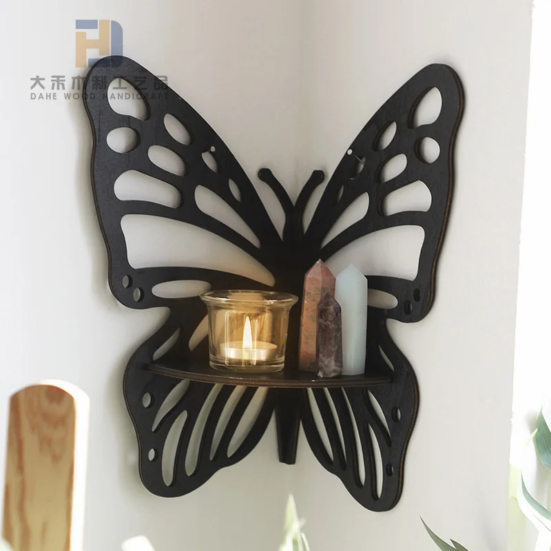 Rustic Crystal Wood Floating Shelf Wooden Butterfly Lotus Flower Shelves for Farmhouse Wall Decoration Meditation Spiritual Gift