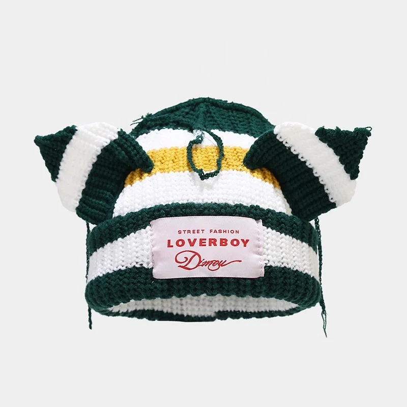 Landfond accessory Cute pig ears stitching knit hat stripe warm beanie hats