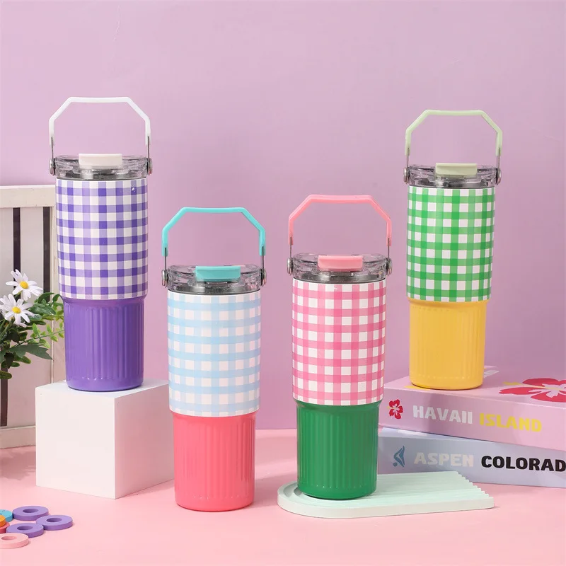 Hot Selling Plaid Design Insulated Travel Mug Portable Thermal Coffee Cup Stainless Steel 30oz Tumbler with Handle
