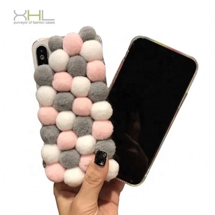 Customized Colorful Cashmere Pom Ball Tpu Mobile Phone Case Cover For Iphone Xs Max