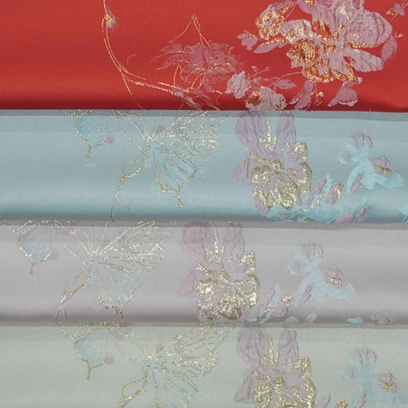 Top fashion Elegant soft gold silk butterfly embossed bubble dress spring and autumn fabric