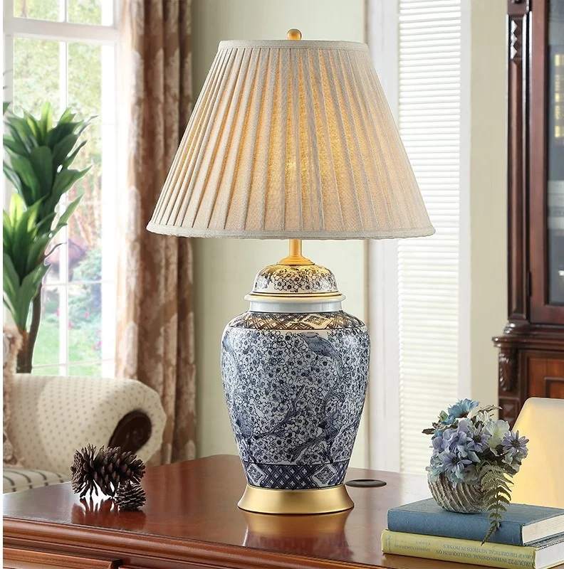 Chinese classic blue and white ceramic jar E27 table lamp for bedroom
