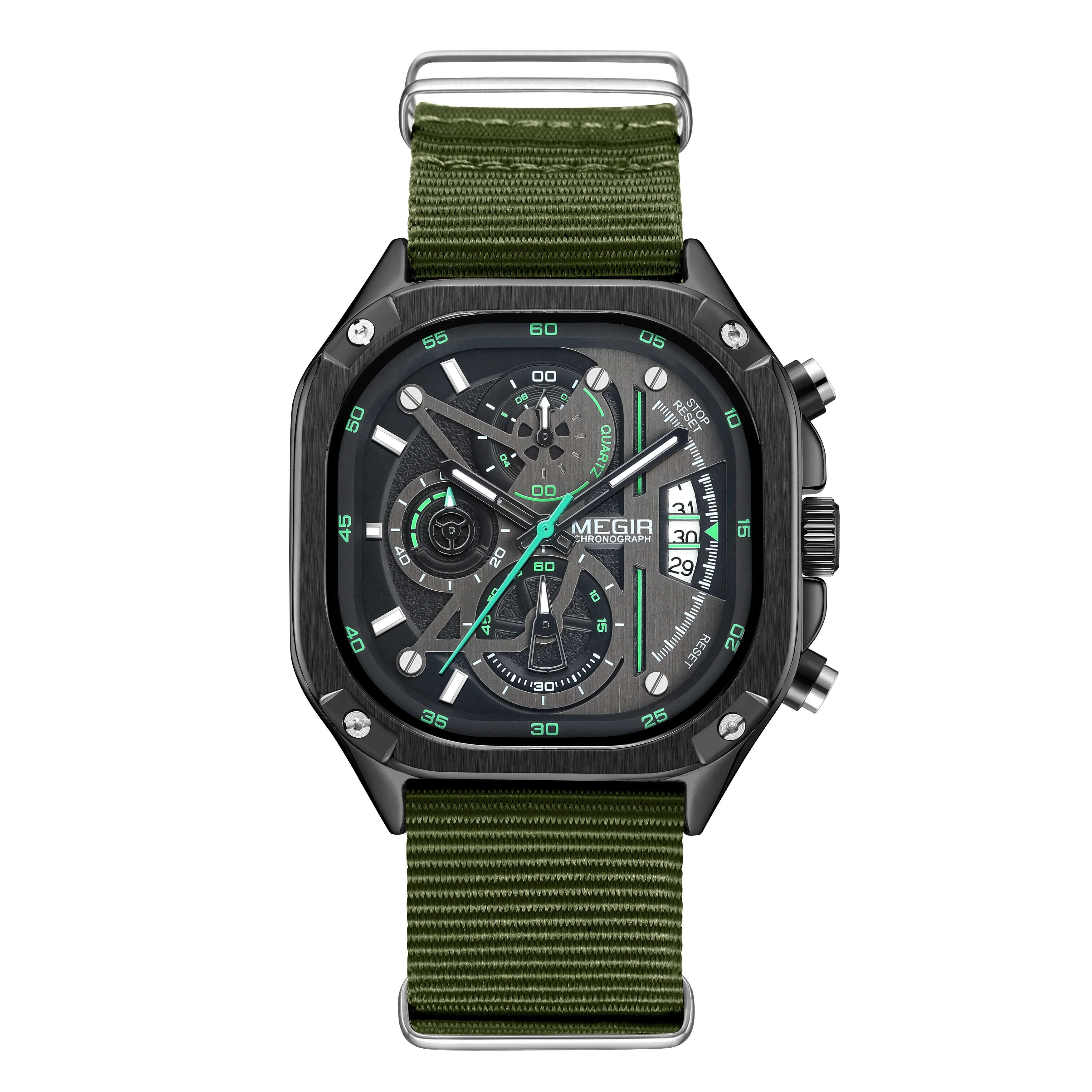 MEGIR 2217 Green Canvas Band Men Quartz Sports Watches Waterproof Man Clock Chronograph Luminous Hands Wristwatch for Men