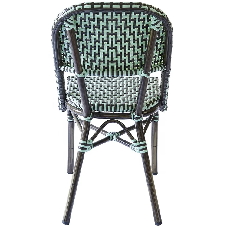Modern French Patio Cafe Wicker Dining Furniture Outdoor Garden Aluminum Green Restaurant Rattan Bistro Chair