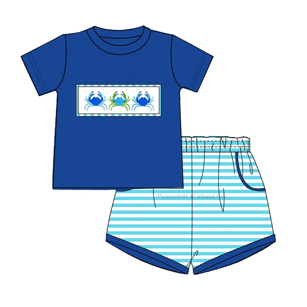 Custom design toddler summer clothing sets organic cotton kids 2 piece outfits crab embroidery boy baby clothes