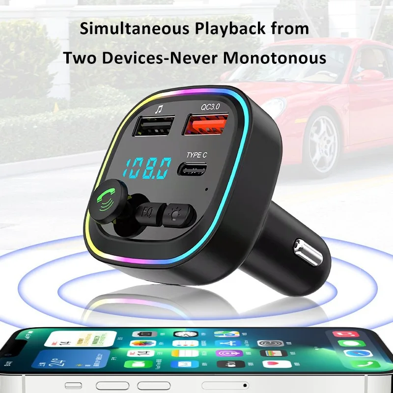 FM Transmitter Car BT EDR Wireless Audio PD Type C Fast Charging Solution Car Cigarette Lighter Charger with Breath Light Effect