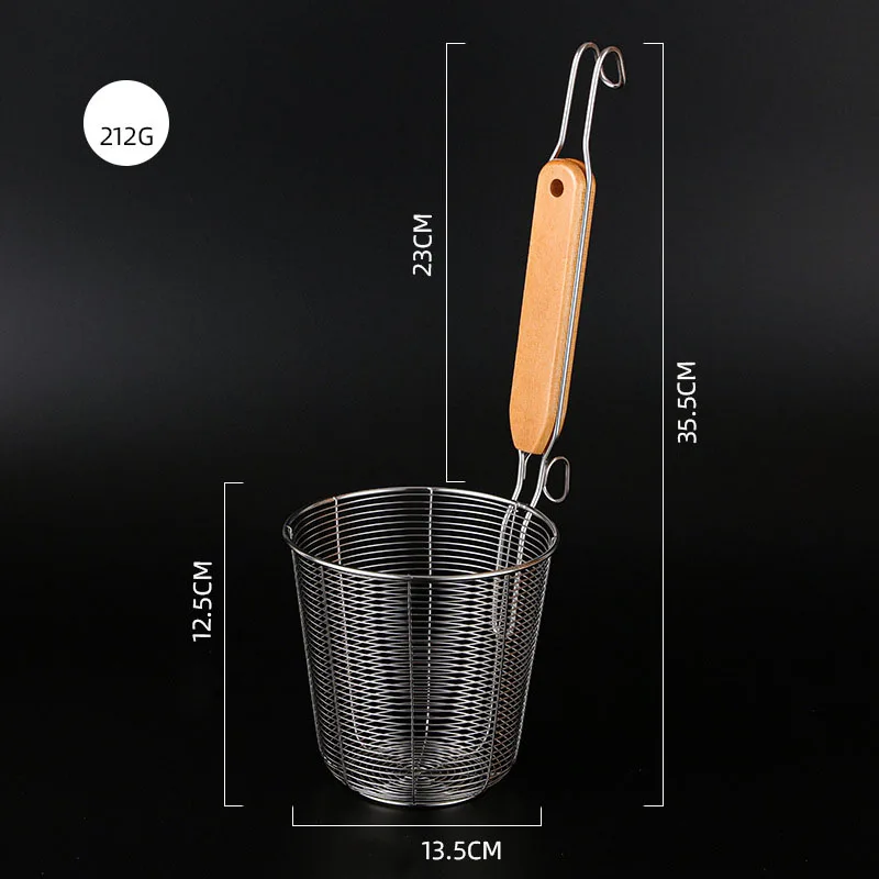 Mesh Spider Strainer Pasta Basket with Wooden Handle Stainless Steel Noodle Strainer Fry Colanders