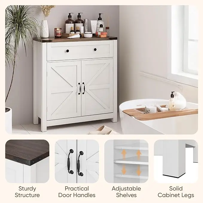 Farmhouse Barn Door Storage Cabinet with Adjustable Shelf - Multifunctional Kitchen and Bathroom Storage Solution
