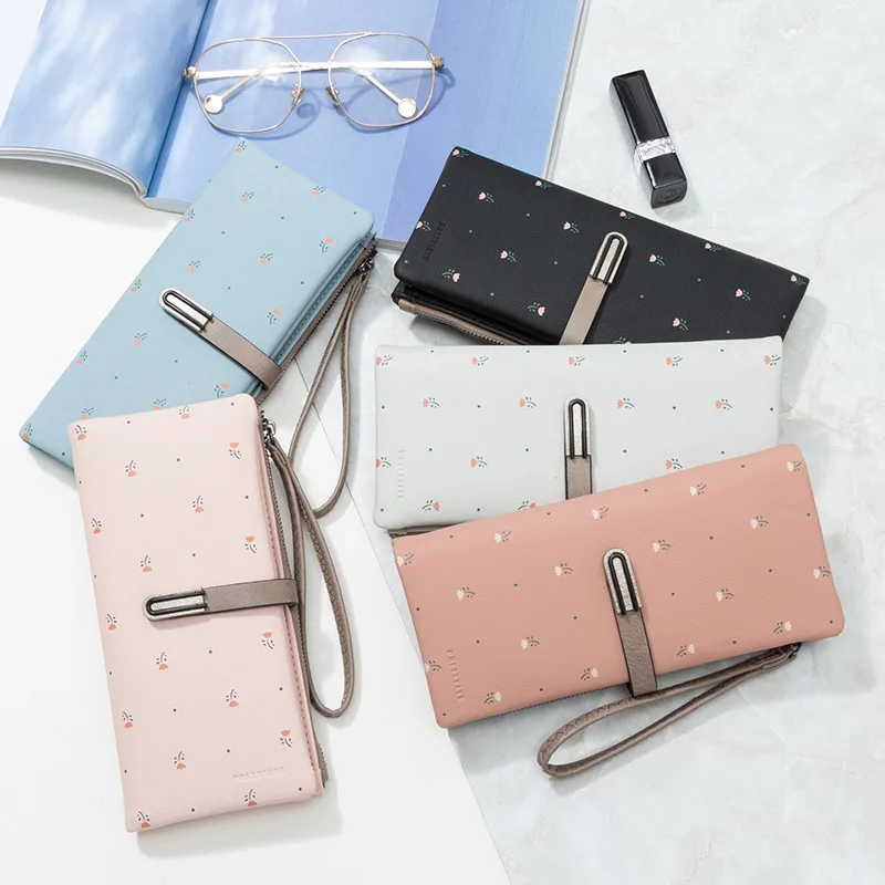 New Fashion Flower Printing Hasp Lock PU Purse for Girls Women Long Wallet Pouch Bag