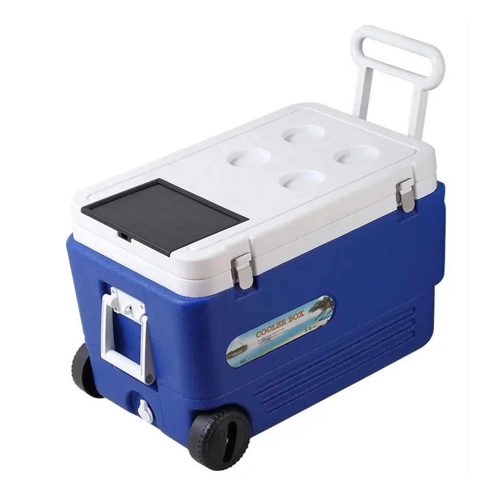 New 65L Solar Energy Ice Chest Cooler Box Coolers Portable Outdoor Electric Cooler Box with Wheel