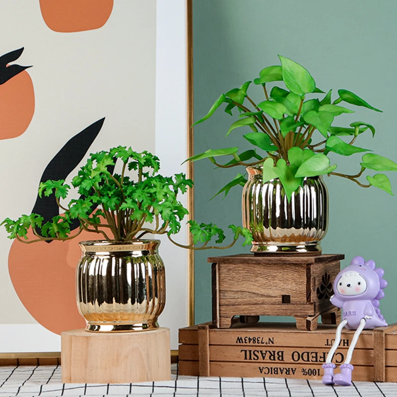 Golden green dill artificial metal flower bonsai ornaments home decoration living room green plants fake flower potted plants