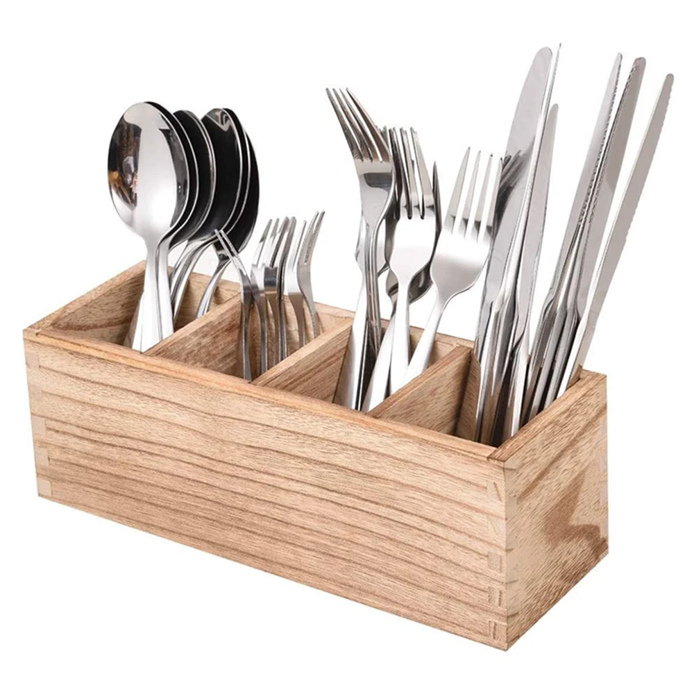 4 Adjustable Wooden Kitchen Utensil Organizer Rectangle Pattern Silverware Storage Countertop Flatware Organizer Tool Candy