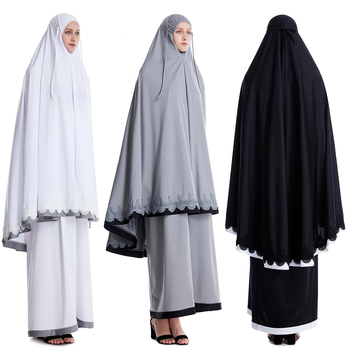 2 piece White Black Gray abaya niqab jilbab one free size abaya women Muslim dress long hijab for prayer abaya