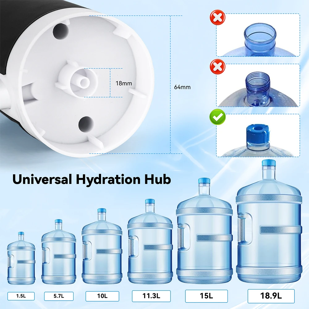 Electric Drinking Portable Water Dispenser Universal USB Charging Water Bottle Pump for 4.5L 5L 7.5L 10L 11.3L and 18.9L
