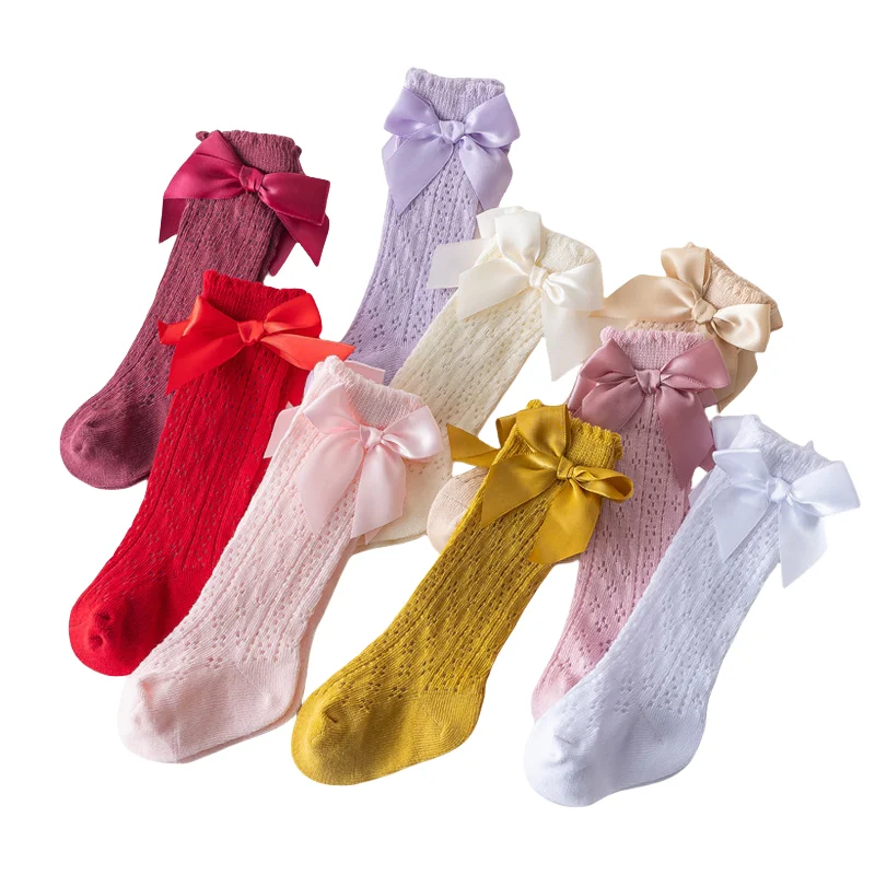 High Quality Summer Thin Mesh Tube Socks Spanish Breathable Soft Cotton Bowknot Solid Color Toddlers Baby Socks