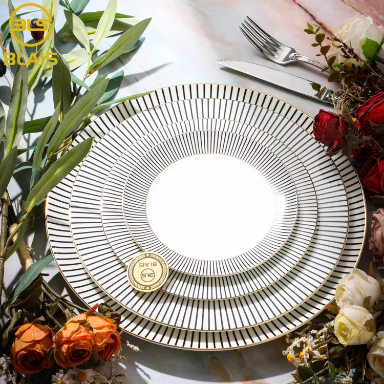 black stripe porcelain plate set dinnerware set with golden rim, ceramic wedding bread dessert dinner charger dishes