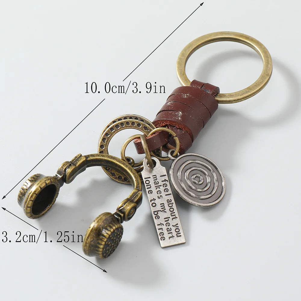 Fashion 3D Music Headset Keychain Bronze Alloy Retro Punk KeyChain Braided Cowhide Rope Leather Keychain Handbag Car Key Chains