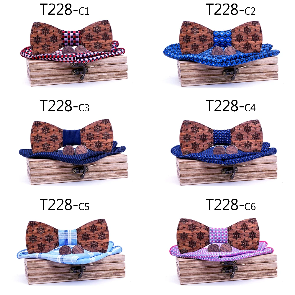 Christmas snowflake Wooden Bow tie Handkerchief Cufflinks Sets for Mens Wood Bowtie Purple Bow Tie Bowknots Cravat wood box