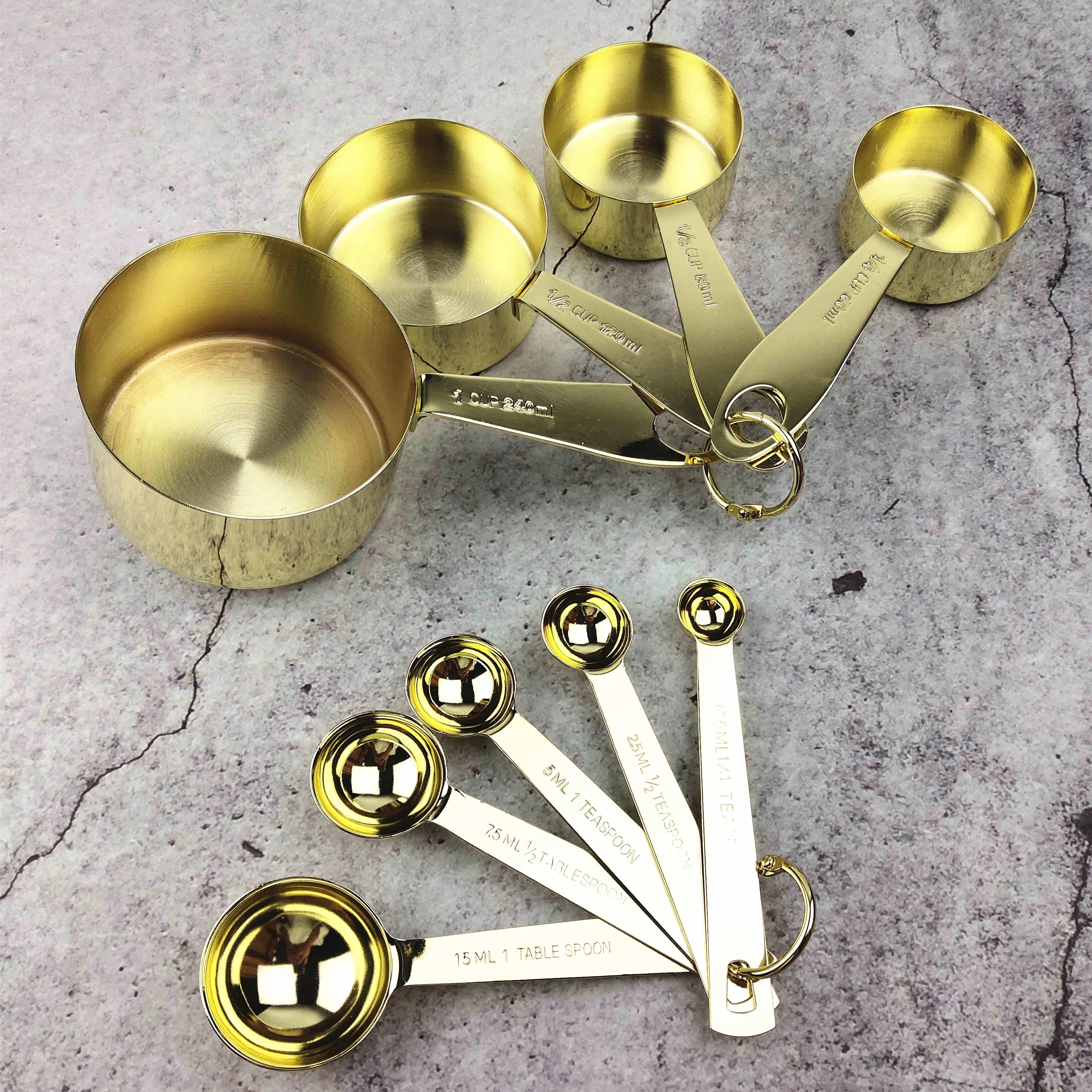 Kitchen Gadgets Brass Copper Rose Gold Measuring Cups and Spoons Set Baking Cooking Heavy Metal Stainless Steel 9 Pcs