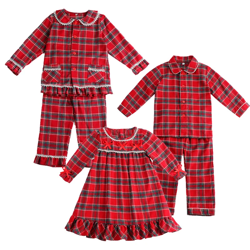 European and American Style Long Sleeve Cotton Nightgown for Girls Fall/Winter Plaid Pattern with Lace for Spring Season