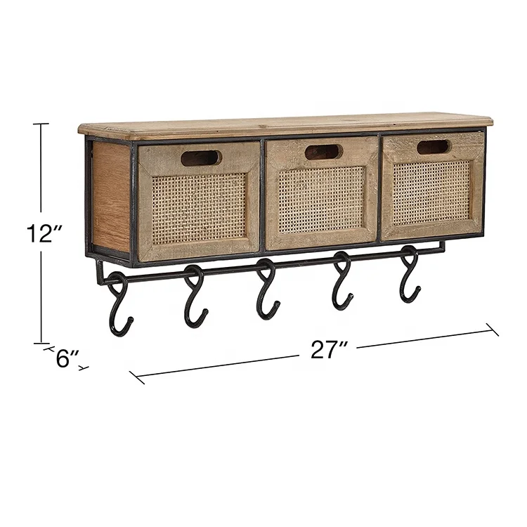 Rustic Wall Mounted Key Coat Rack Storage Shelf Wooden Entryway Floating Hanging Shelf with 5 Hooks 3 Drawers for Living Room