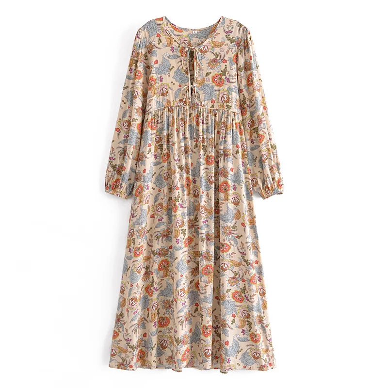 Vintage design beige color rayon dress women holiday casual bohemian long dress clothing