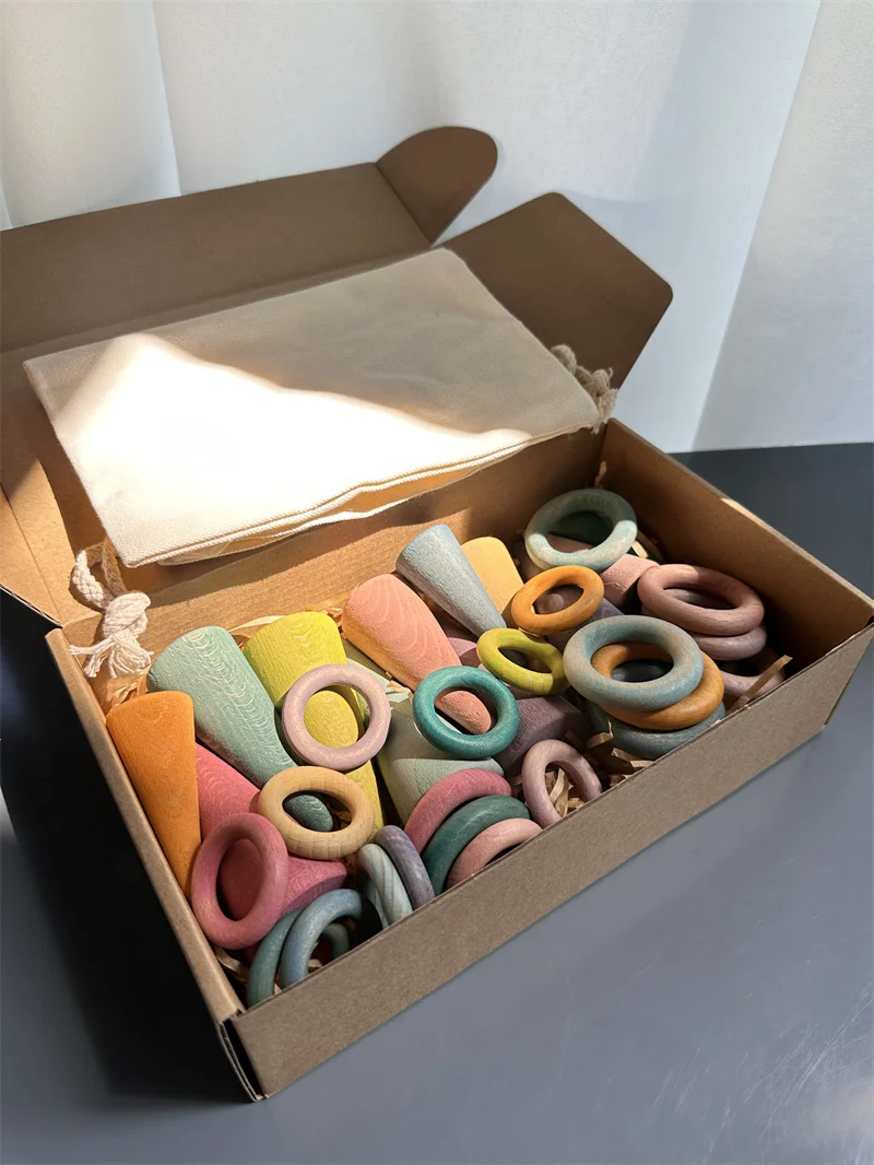 Большие пастельные складные цилиндры строительные блоки ролики деревянные игрушки лесные деревья кольца Детские творческие игры